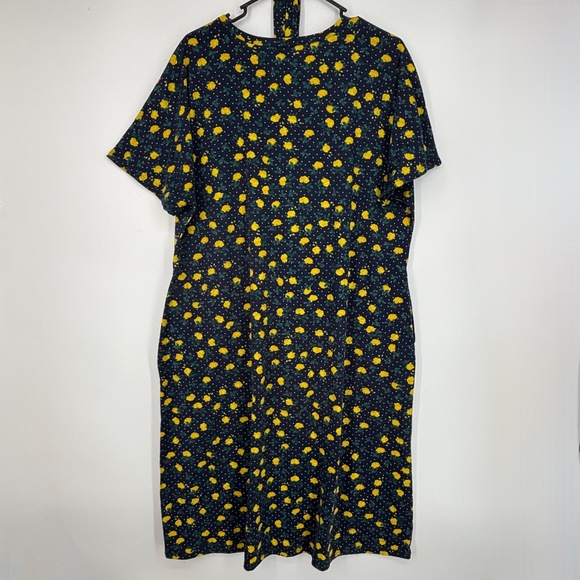 LuLaRoe Size 2XL Midi Dress Navy Blue Yellow Rose Floral Polka Dot Belt Short Sl - Picture 6 of 10